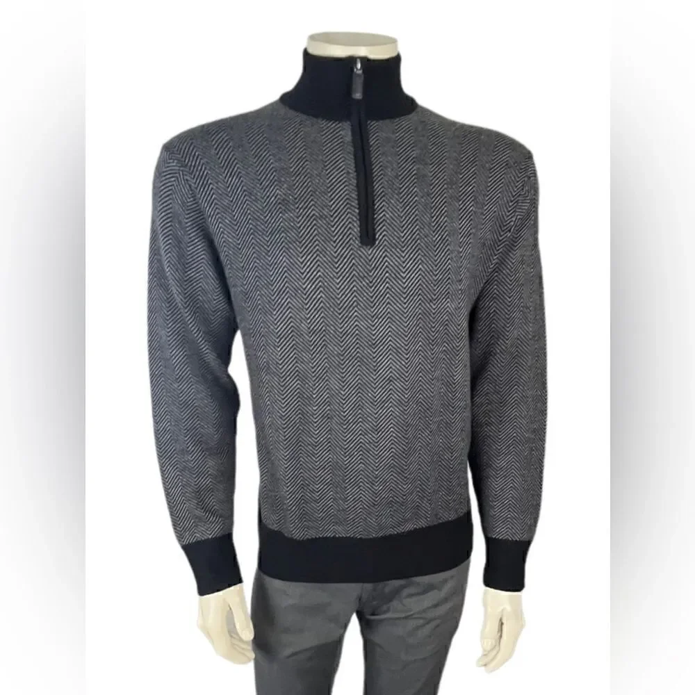 Cremieux Classics Zip Front Pullover in Gray/Black Chevron 100% Merino Wool Sz L